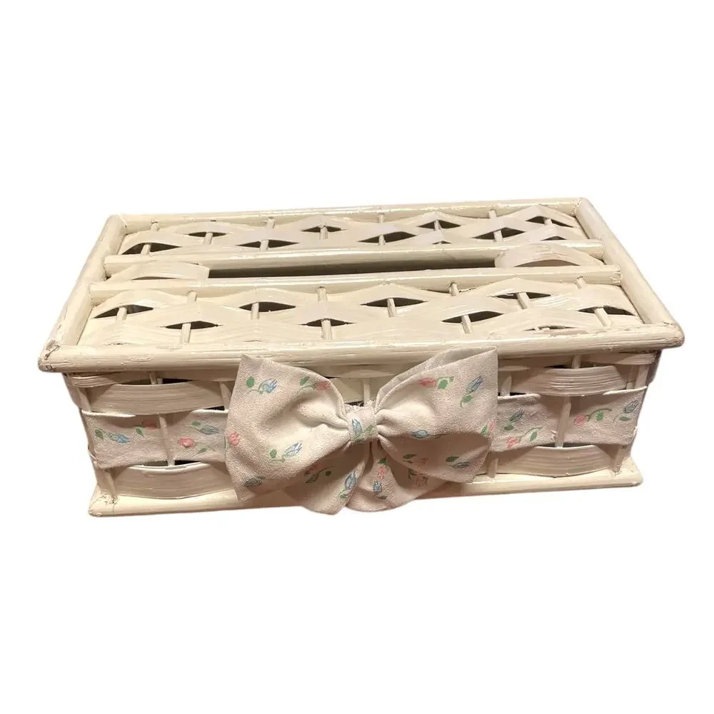 Vintage White Wicker Tissue Box Cover with Box Rustic